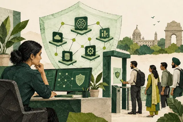 A security engineer examining protected AI tools and a controlled access checkpoint.