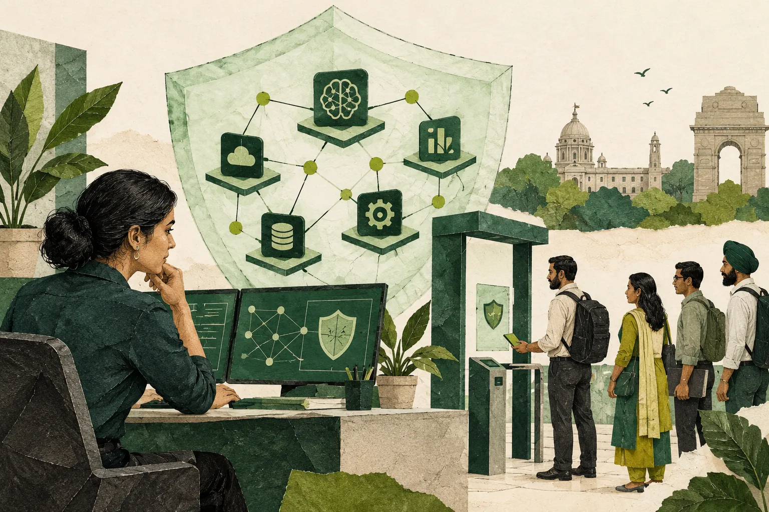 A security engineer examining protected AI tools and a controlled access checkpoint.