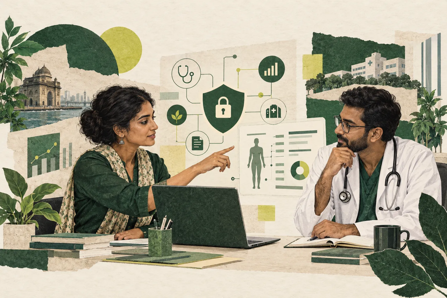 A health informatics specialist and clinician discussing an information workflow with a privacy shield motif.