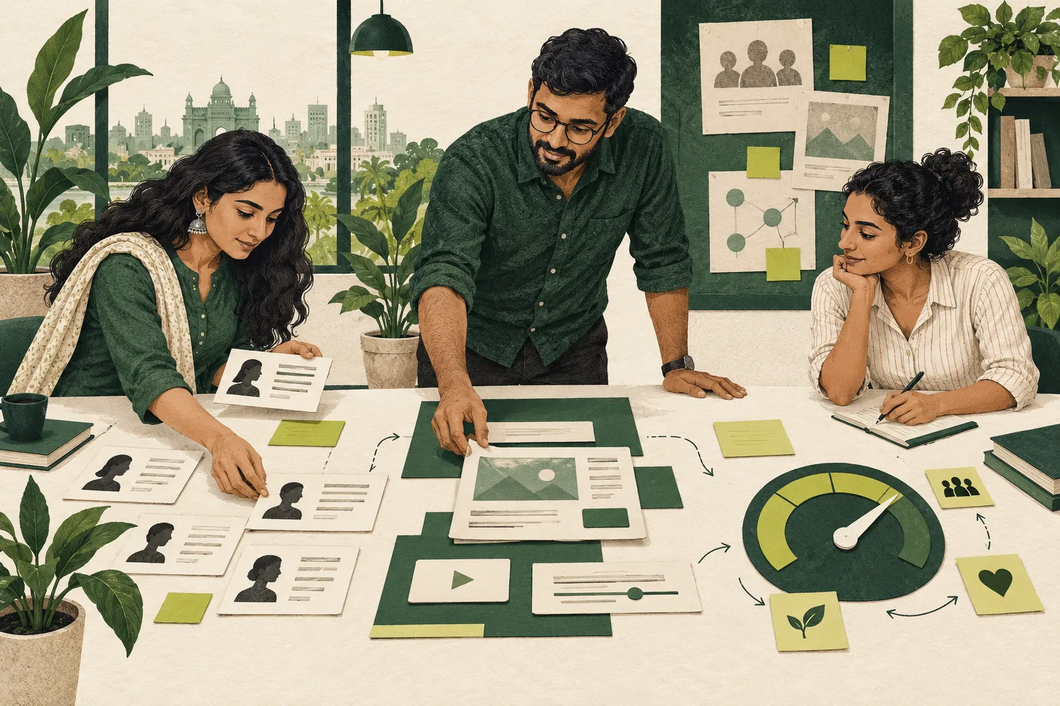 A product manager and colleagues aligning user research, prototype components and quality measures.